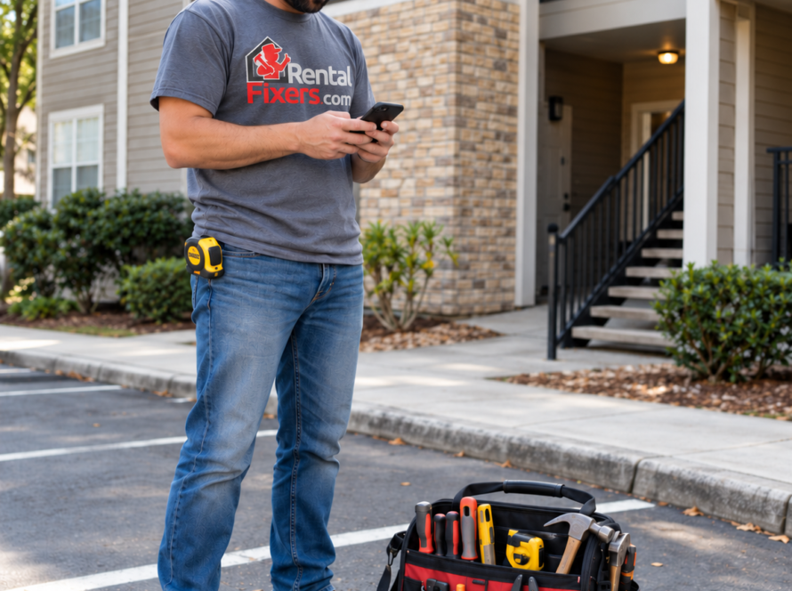 Rental Fixers technician using a smartphone outside an apartment building, with a tool bag nearby.